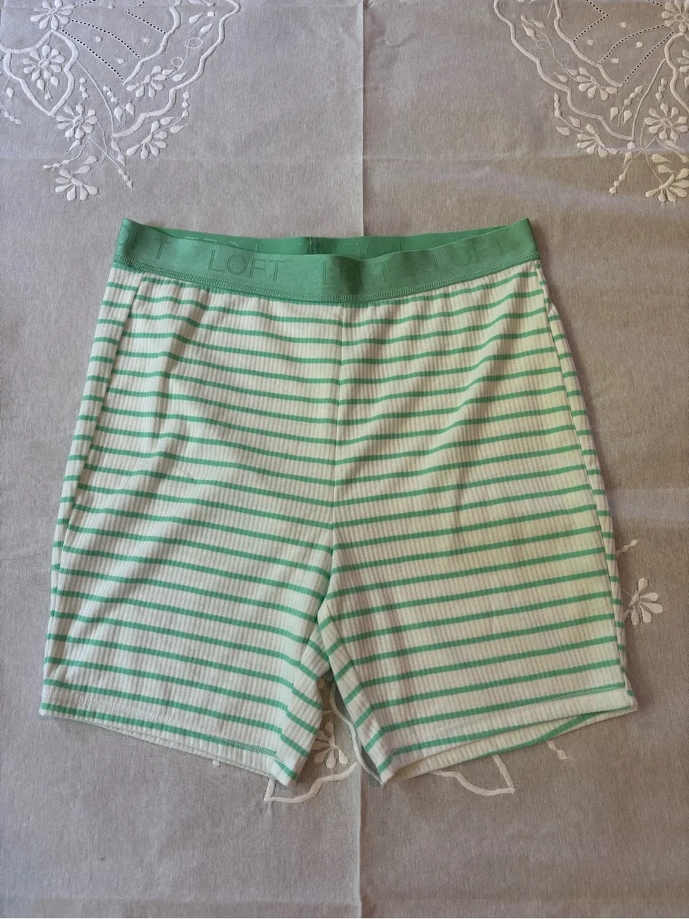 LOFT 2 Piece Bike Short Pajama Set Green Striped Ribbed Jersey Knit Lounge Wear